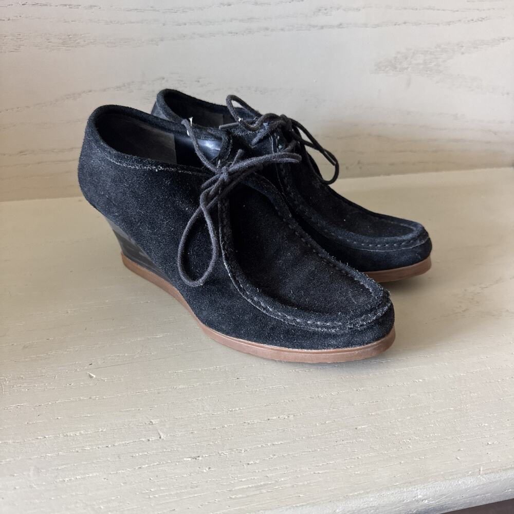 Women’s Ralph Lauren Black Suede Denver Wedge Booties Gum Sole Size 7.5